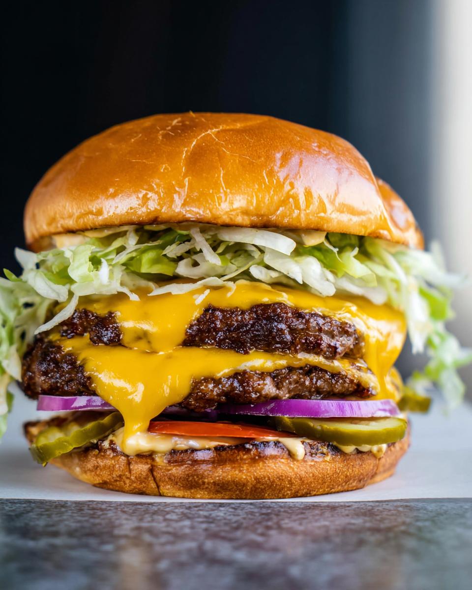 A juicy, double-patty smash burger with melted cheese, lettuce, tomato, onion, and pickles.