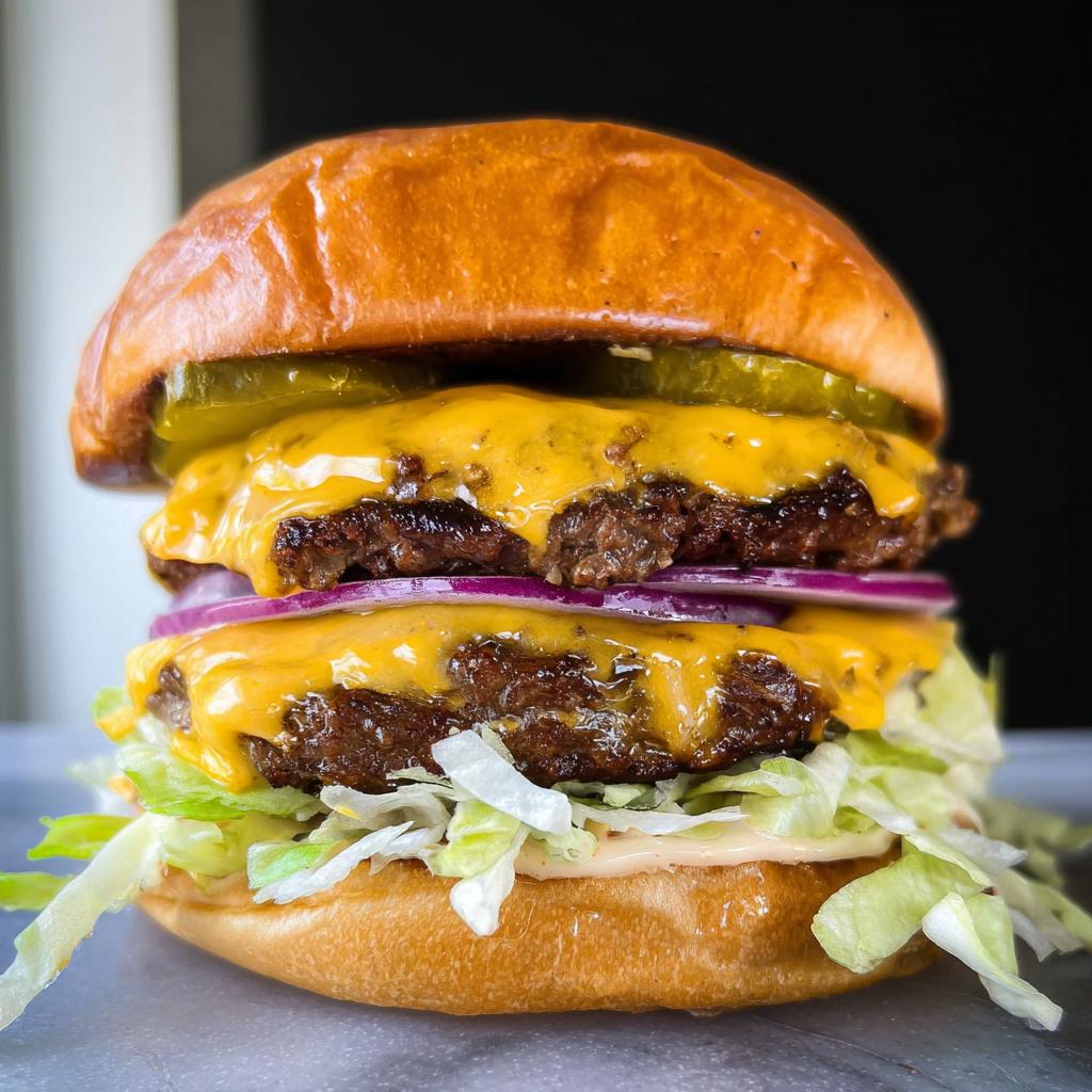A close-up of an irresistible smash burger with two juicy patties, melted cheddar cheese, red onion, pickles, and lettuce.