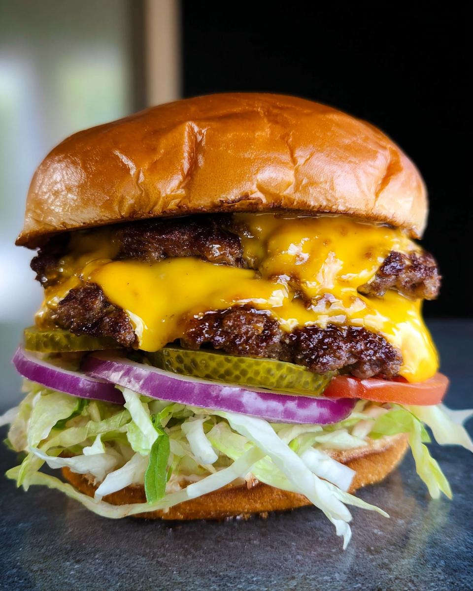 A juicy double patty smash burger with melted cheese, pickles, red onion, tomato, and lettuce.