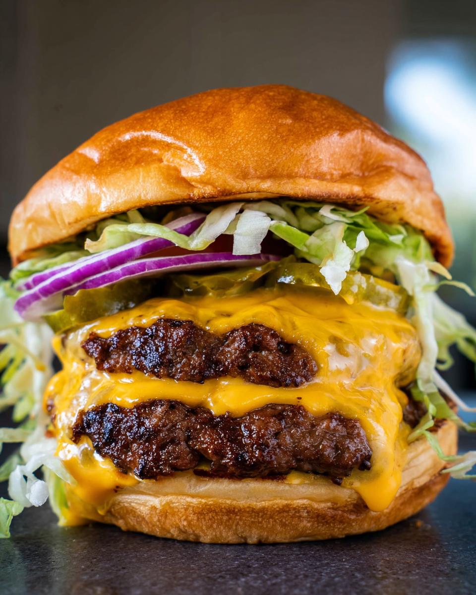 Close-up of a double patty smash burger with melted cheese, lettuce, red onion, and pickles.