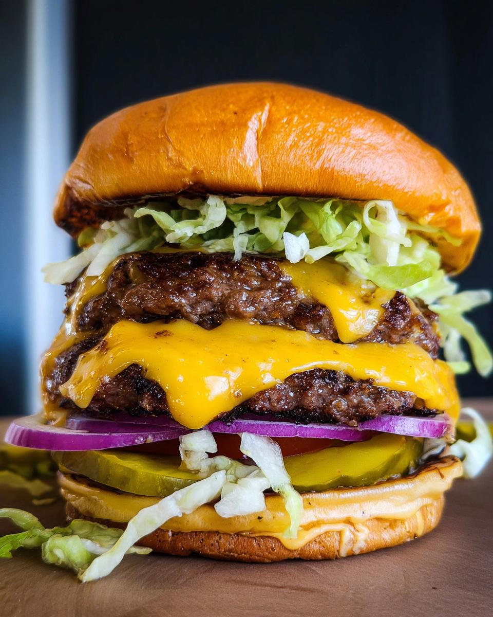 A close-up of an irresistible smash burger with double patties, melted cheese, lettuce, tomato, onion, and pickles.