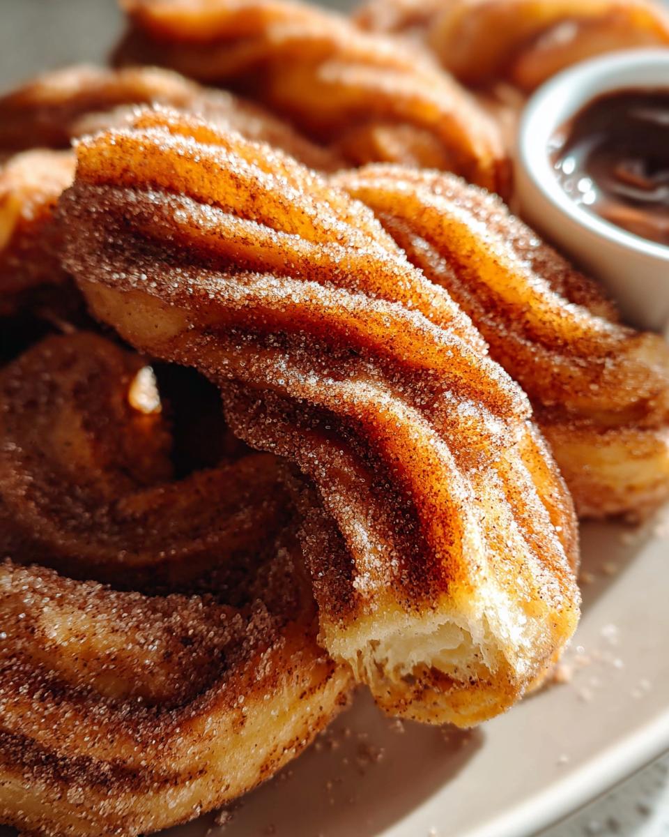 Close-up of Irresistible Spanish Churro Pancakes dusted with cinnamon sugar, served with a chocolate dipping sauce.