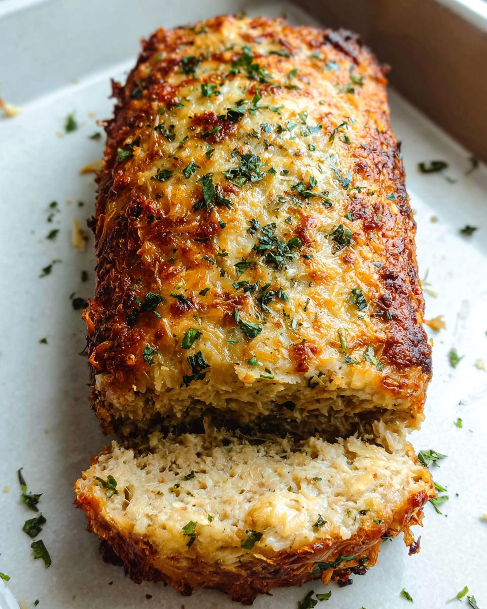 A close-up of a juicy garlic parmesan chicken meatloaf, topped with melted cheese and parsley, with a slice cut.