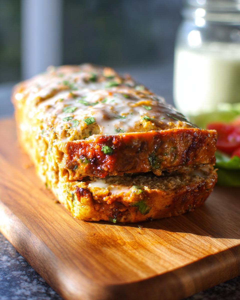 A close-up of a sliced Juicy Garlic Parmesan Chicken Meatloaf, drizzled with sauce and garnished with herbs.