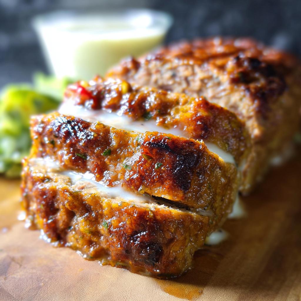 A close-up of a sliced Juicy Garlic Parmesan Chicken Meatloaf, with melted cheese oozing out.