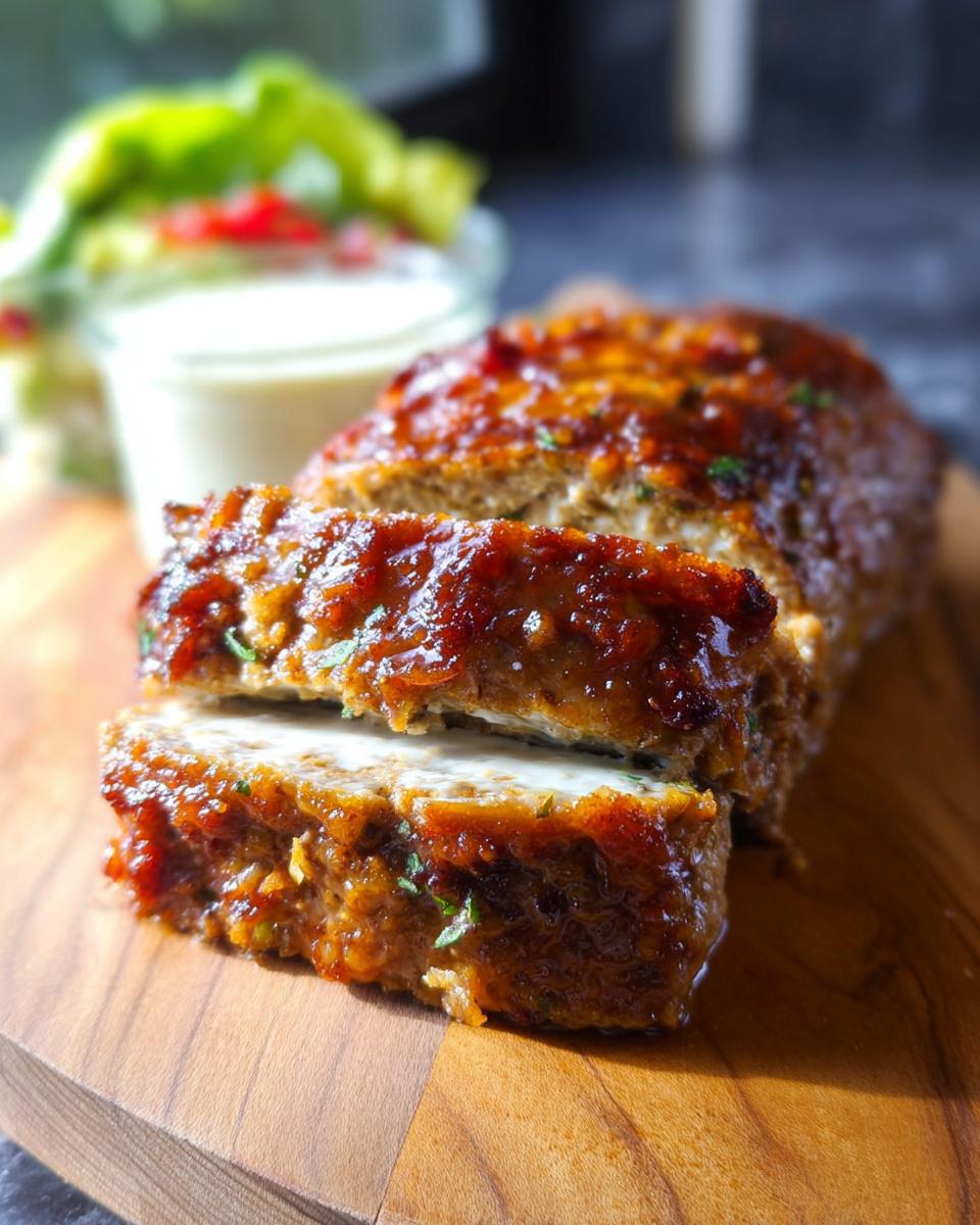 A close-up view of a slice of Juicy Garlic Parmesan Chicken Meatloaf, glazed and glistening, on a wooden board.
