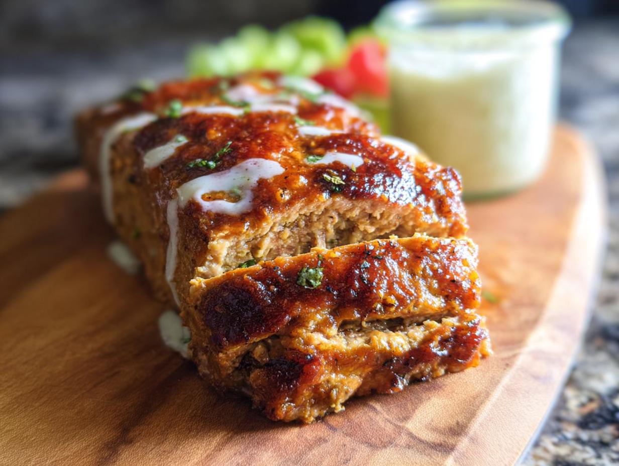 A close-up of a sliced Juicy Garlic Parmesan Chicken Meatloaf, drizzled with sauce and garnished with herbs.