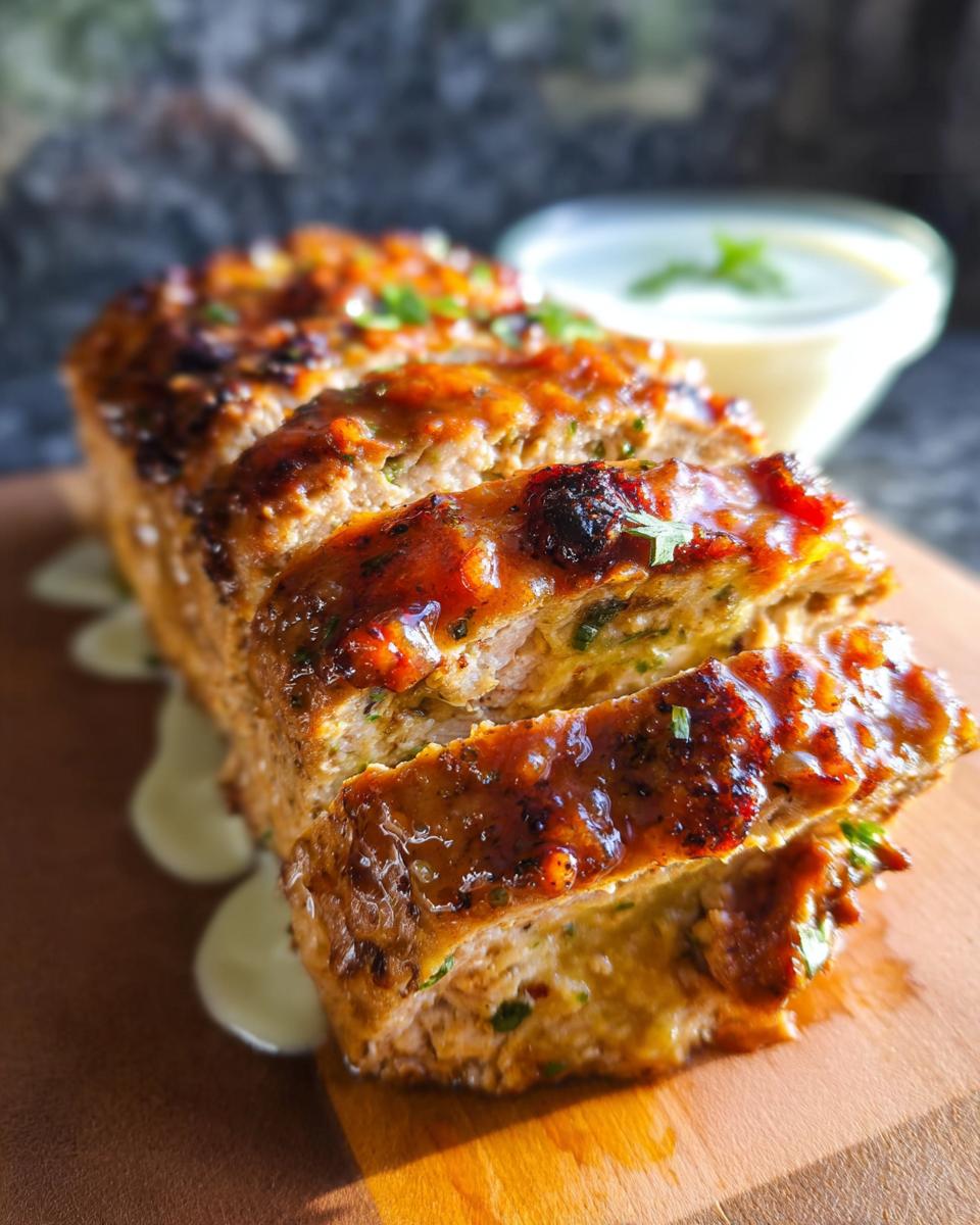 A close-up of sliced Juicy Garlic Parmesan Chicken Meatloaf, glazed and garnished with parsley, served with a side of sauce.