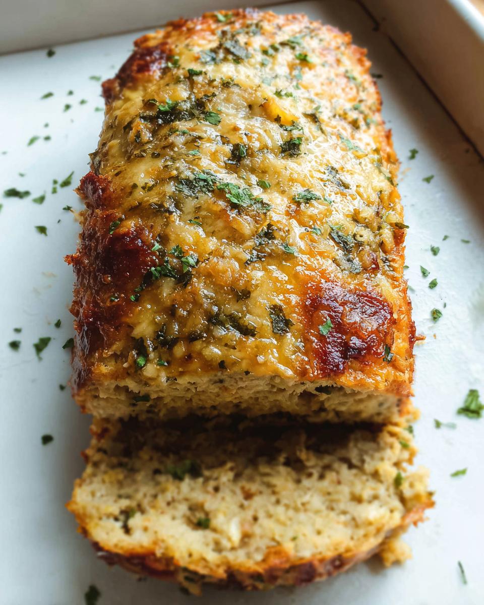 A close-up of a juicy garlic parmesan chicken meatloaf, topped with melted cheese and herbs, with a slice cut.