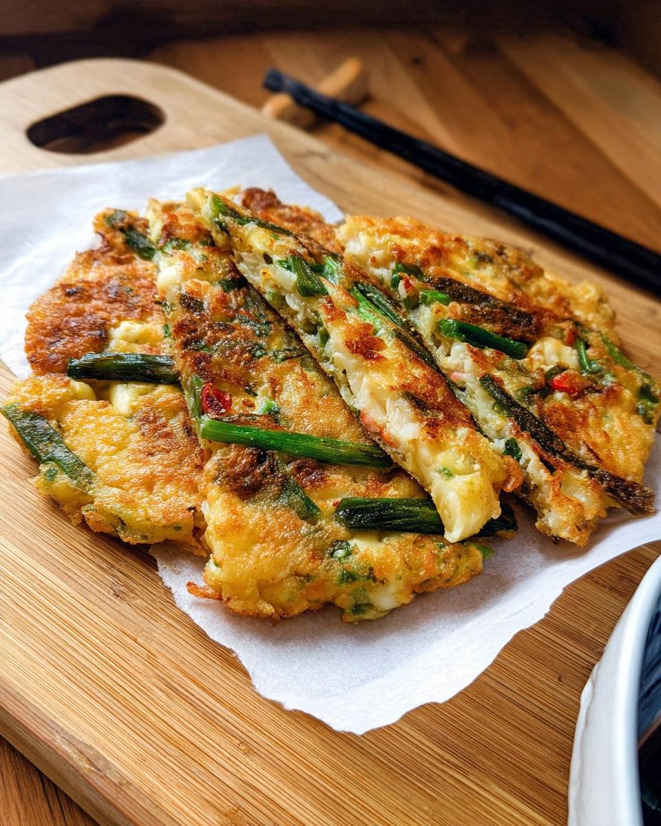 Close-up of freshly made Korean Pancakes (Pajeon) with visible scallions and a golden-brown, crispy exterior.