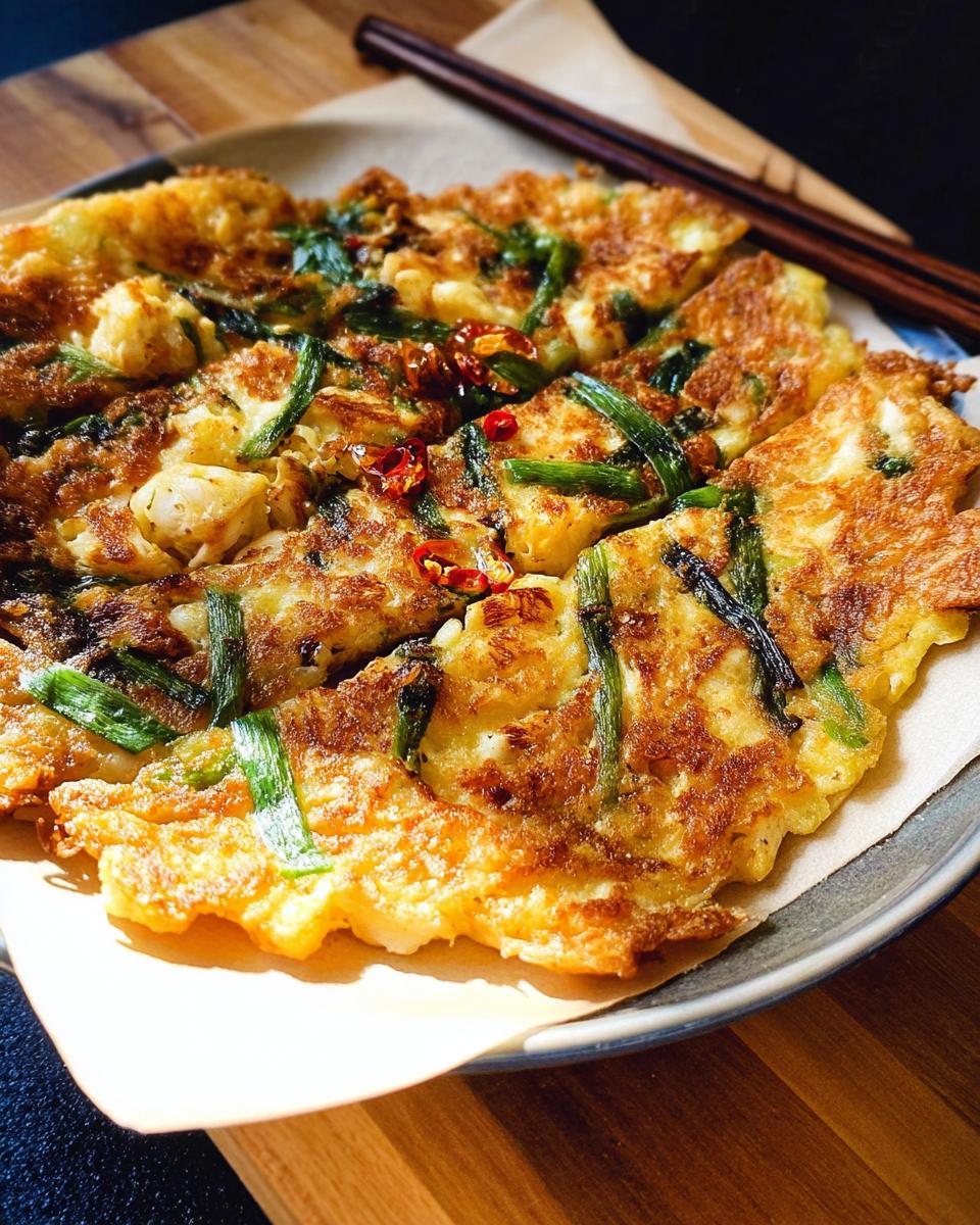 A close-up of golden-brown Korean Pancakes (Pajeon) topped with fresh scallions and red chili flakes.