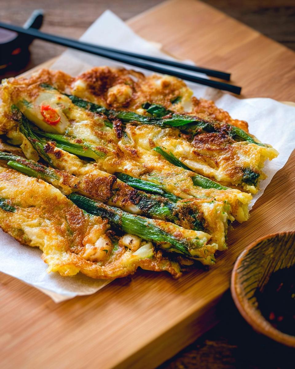 A close-up of freshly cooked Korean Pancakes (Pajeon) with visible scallions and a hint of red chili, served on parchment paper.