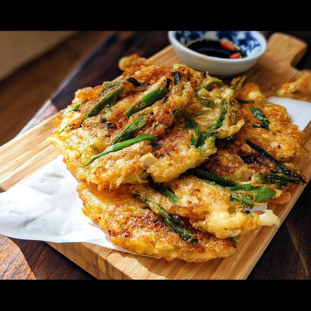 A close-up of golden-brown Korean Pancakes (Pajeon) piled on a wooden board, featuring visible green scallions and a small dipping sauce bowl.
