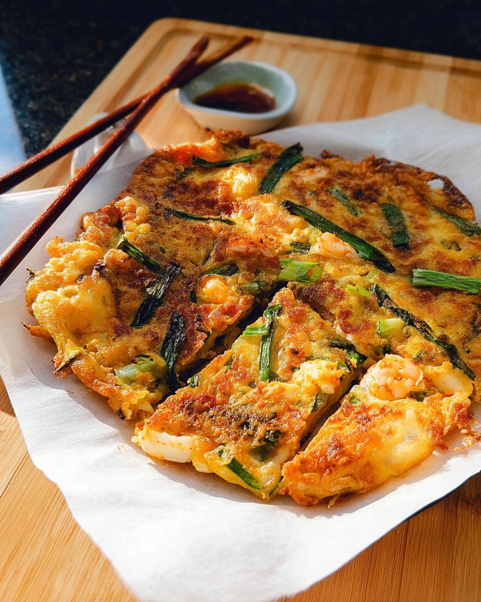 A close-up of freshly made Korean Pancakes (Pajeon) featuring shrimp and green onions, sliced and ready to be dipped.