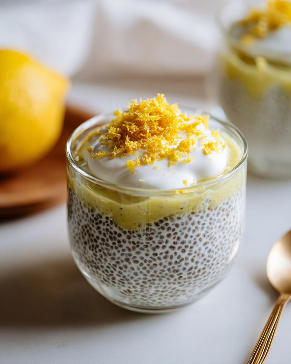 A glass of Lemon Cream Chia Pudding topped with whipped cream and fresh lemon zest.