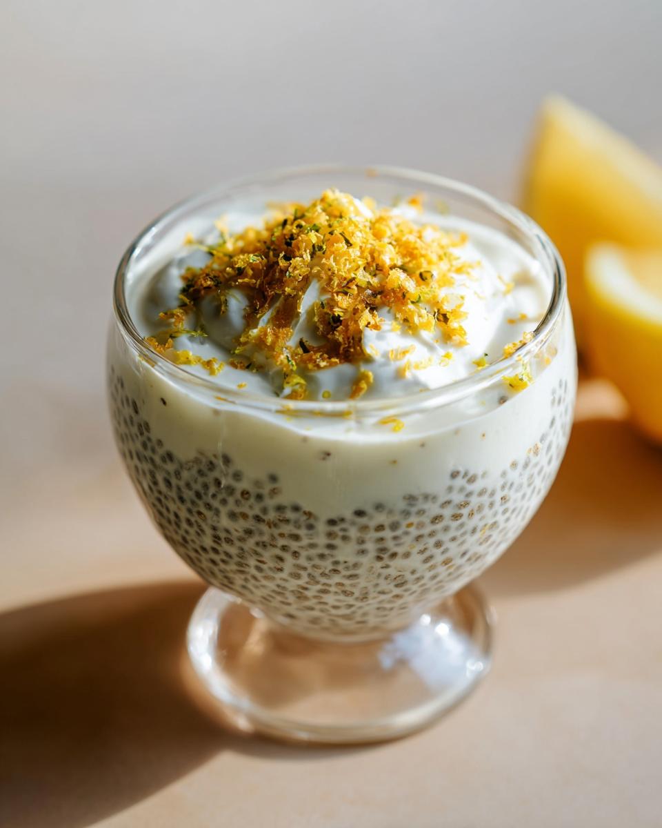 A glass of creamy Lemon Cream Chia Pudding topped with zest and a slice of lemon in the background.
