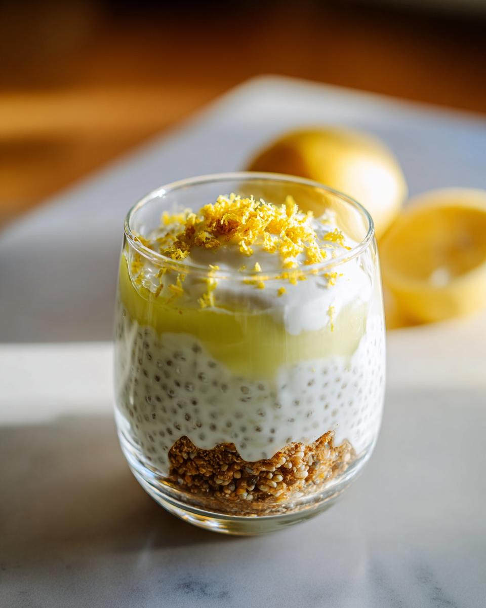 A refreshing glass of Lemon Cream Chia Pudding layered with granola and topped with whipped cream and lemon zest.