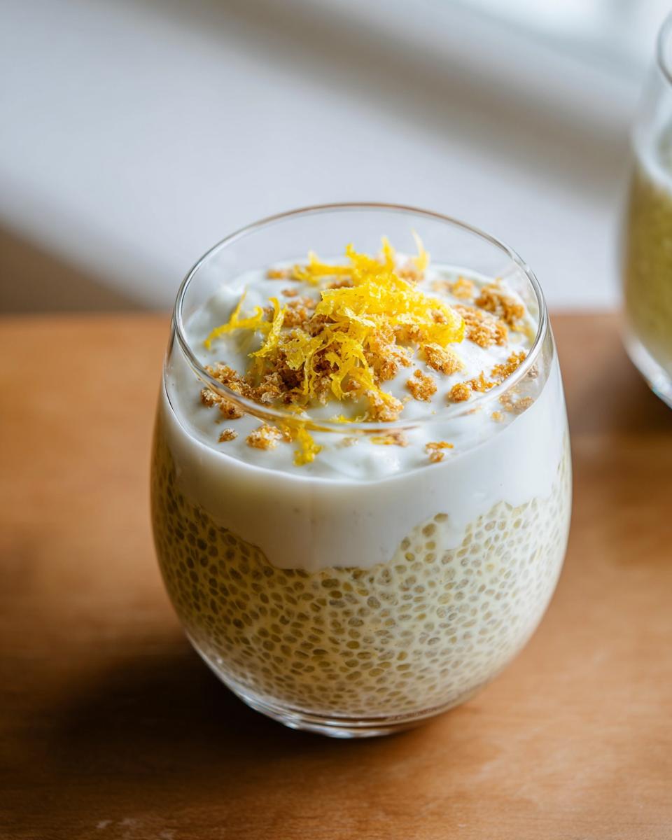 A glass of Lemon Cream Chia Pudding topped with yogurt and lemon zest.