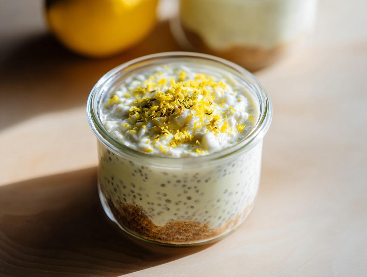 A close-up of a glass jar filled with creamy Lemon Cream Chia Pudding, topped with lemon zest.