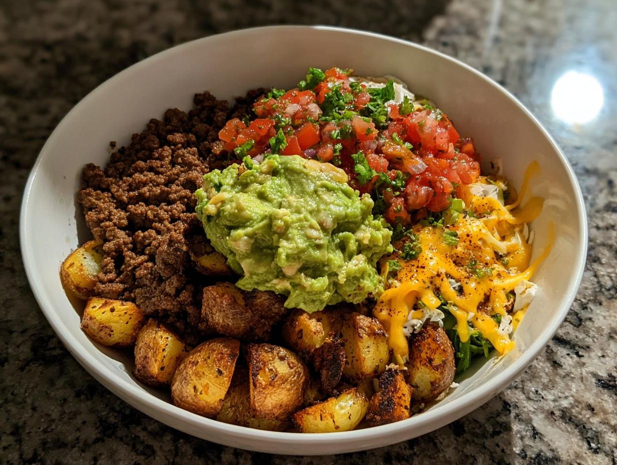 A delicious Loaded Potato Taco Bowl filled with seasoned ground beef, roasted potatoes, guacamole, pico de gallo, and shredded cheese.