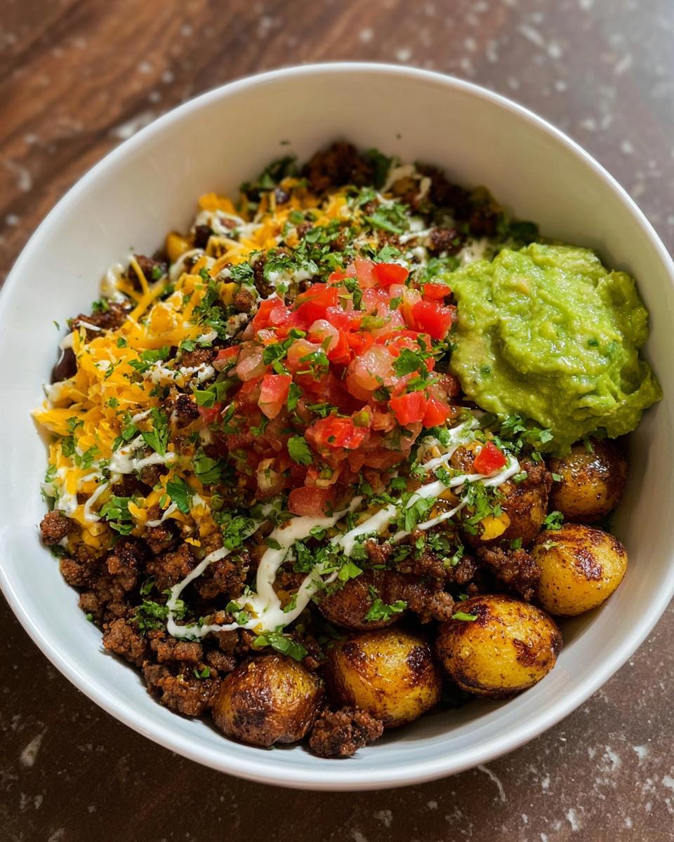 A delicious Loaded Potato Taco Bowl filled with seasoned ground beef, roasted potatoes, shredded cheese, pico de gallo, guacamole, and sour cream.