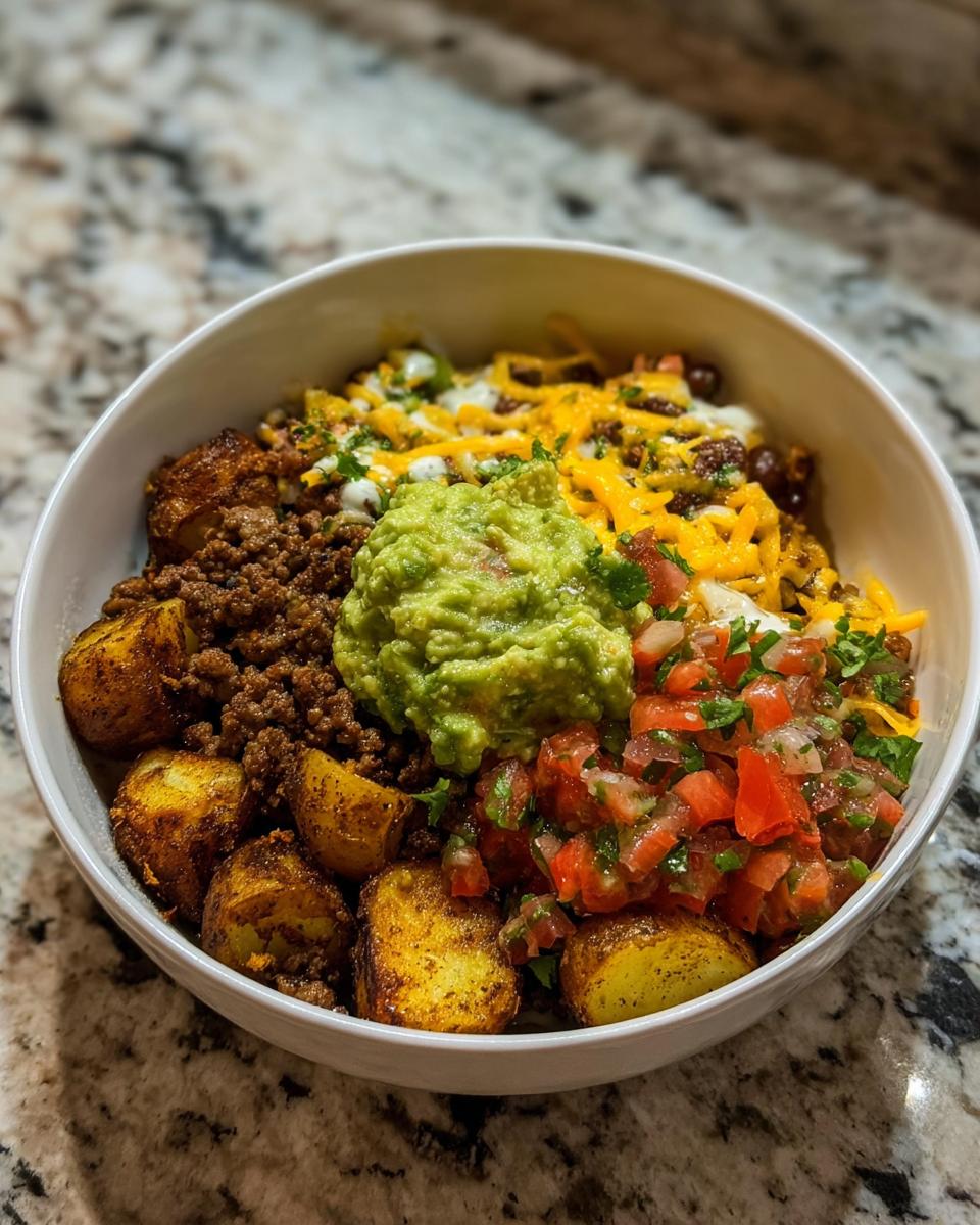 A delicious Loaded Potato Taco Bowl filled with seasoned ground beef, roasted potatoes, guacamole, pico de gallo, and shredded cheese.