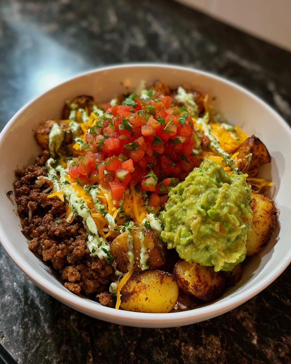 A delicious Loaded Potato Taco Bowl filled with seasoned ground beef, roasted potatoes, shredded cheese, pico de gallo, and guacamole.