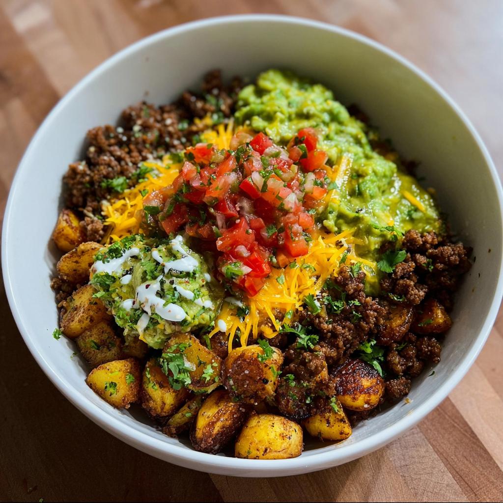 A delicious Loaded Potato Taco Bowl filled with seasoned potatoes, ground meat, guacamole, shredded cheese, pico de gallo, and a drizzle of sour cream.