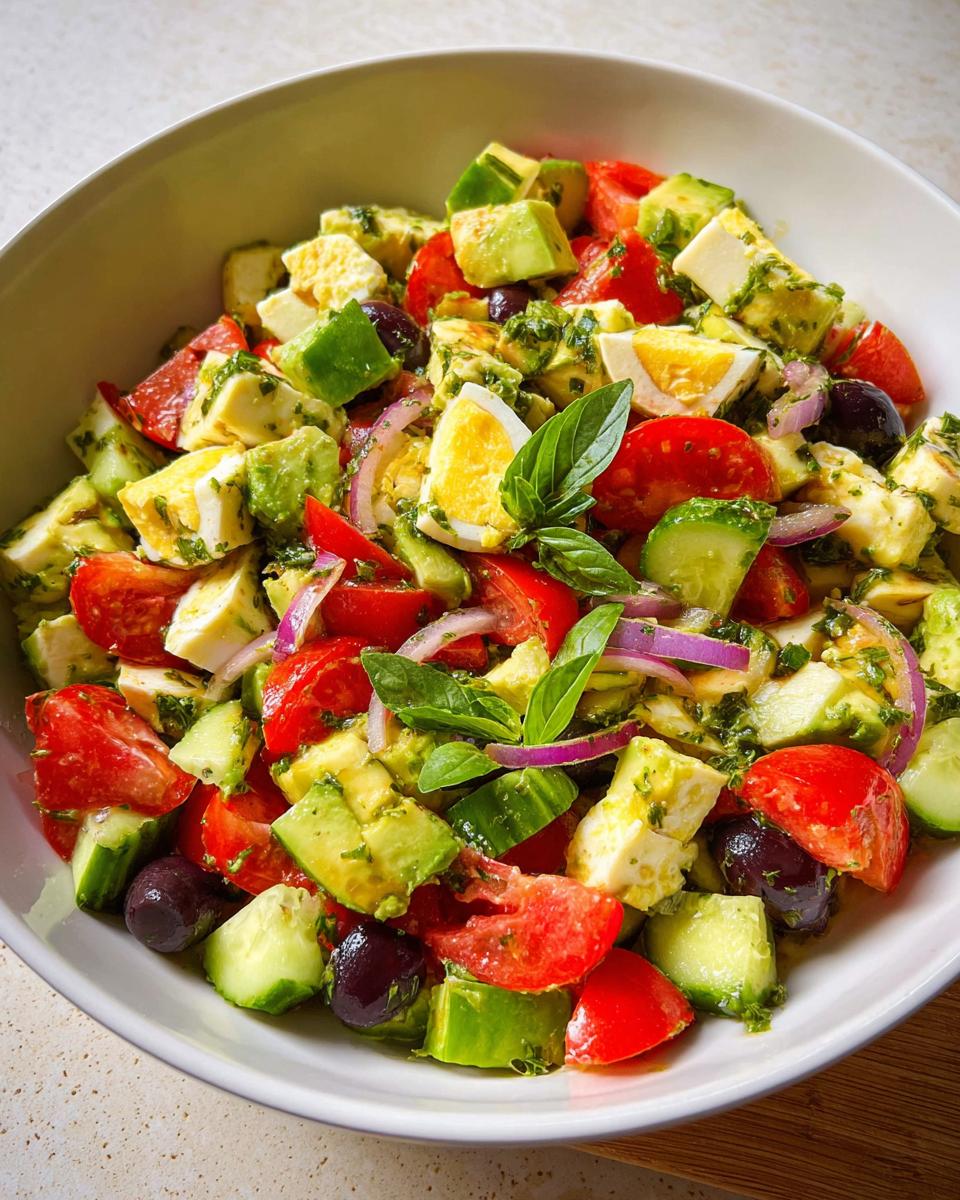 A vibrant bowl of Simple Zesty Mediterranean Avocado Egg Salad with chopped avocado, tomatoes, cucumber, olives, and hard-boiled eggs.