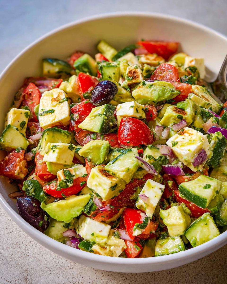 A vibrant bowl of Simple & Zesty Mediterranean Avocado Egg Salad with chopped avocado, tomatoes, cucumber, olives, and feta cheese.