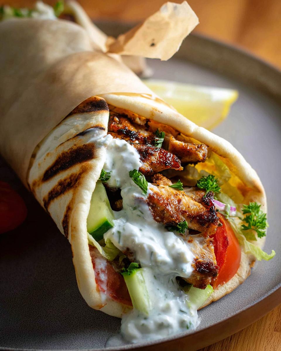 Close-up of a delicious Mediterranean Chicken Gyro, generously filled with grilled chicken, fresh vegetables, and creamy feta tzatziki sauce.