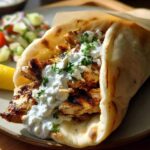 Close-up of a Mediterranean Chicken Gyro filled with grilled chicken, creamy feta tzatziki, and fresh herbs, served with a side salad and lemon wedge.