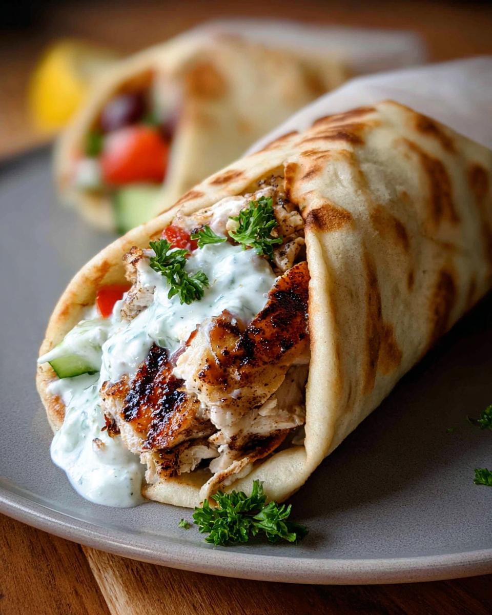 Close-up of a delicious Mediterranean Chicken Gyro filled with grilled chicken, vegetables, and creamy feta tzatziki sauce.