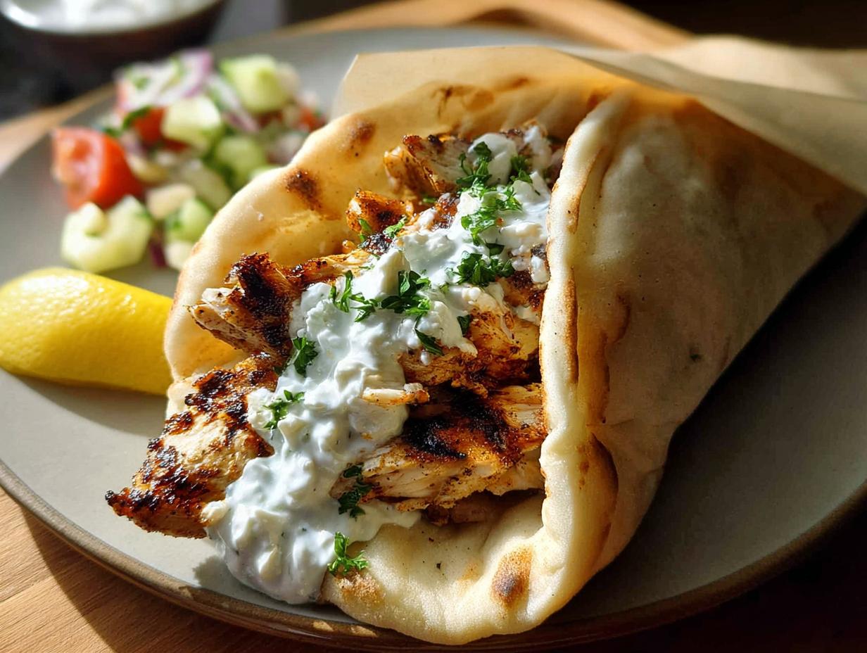 Close-up of a Mediterranean Chicken Gyro filled with grilled chicken, creamy feta tzatziki, and fresh herbs, served with a side salad and lemon wedge.