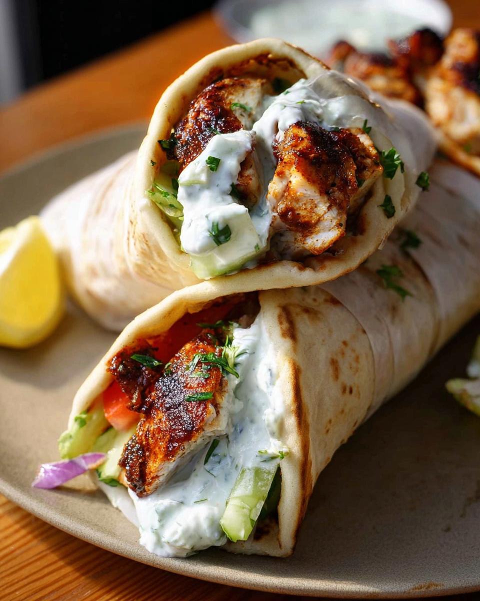Two delicious Mediterranean Chicken Gyros filled with seasoned chicken, fresh vegetables, and creamy feta tzatziki.