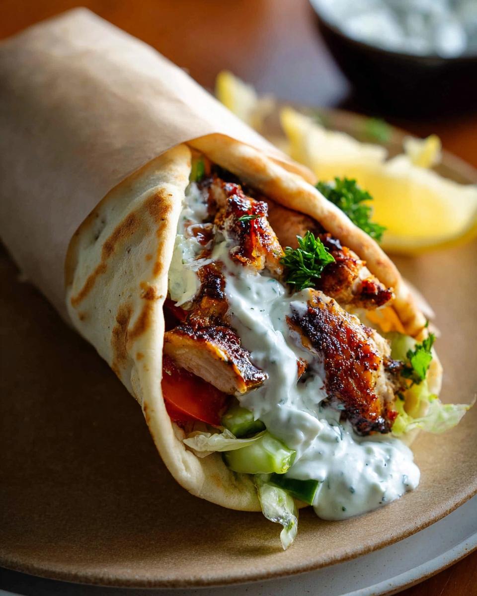 A delicious Mediterranean Chicken Gyro generously topped with creamy feta tzatziki sauce, served with lemon wedges.