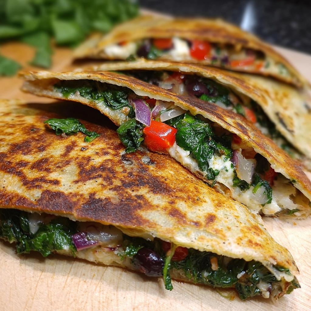 Close-up of Mediterranean Quesadillas filled with spinach, feta, mozzarella, red onion, and olives.