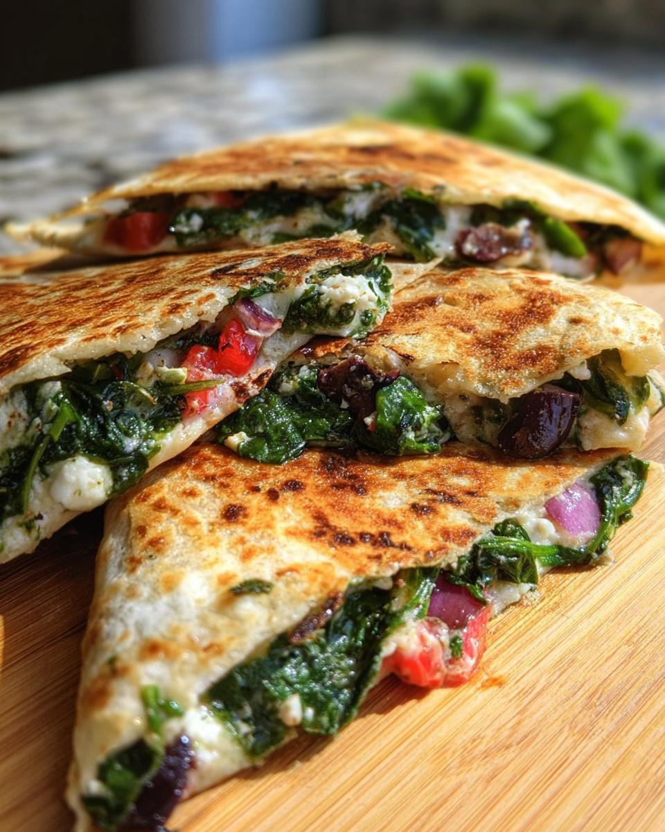 Close-up of Mediterranean Quesadillas filled with spinach, feta, mozzarella, red onion, and tomatoes.