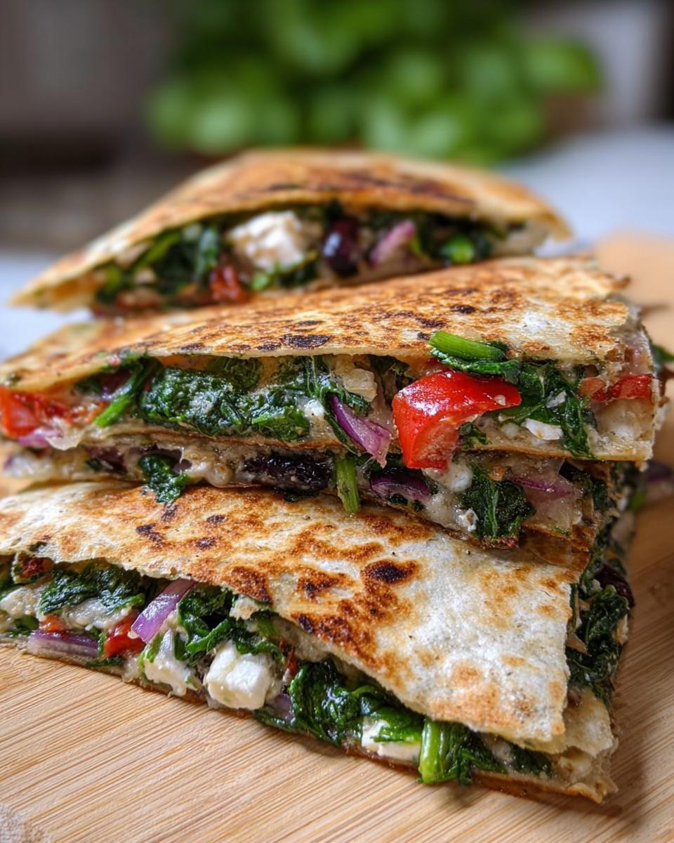 A stack of Mediterranean Quesadillas filled with spinach, feta, mozzarella, red onion, and tomatoes.