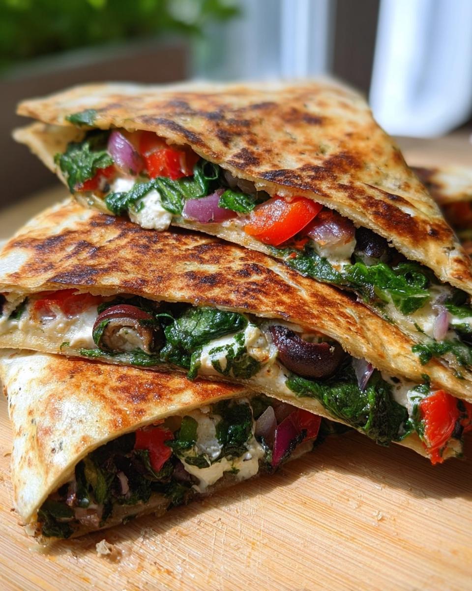 Close-up of stacked Mediterranean Quesadillas filled with spinach, feta, red onion, and red peppers.