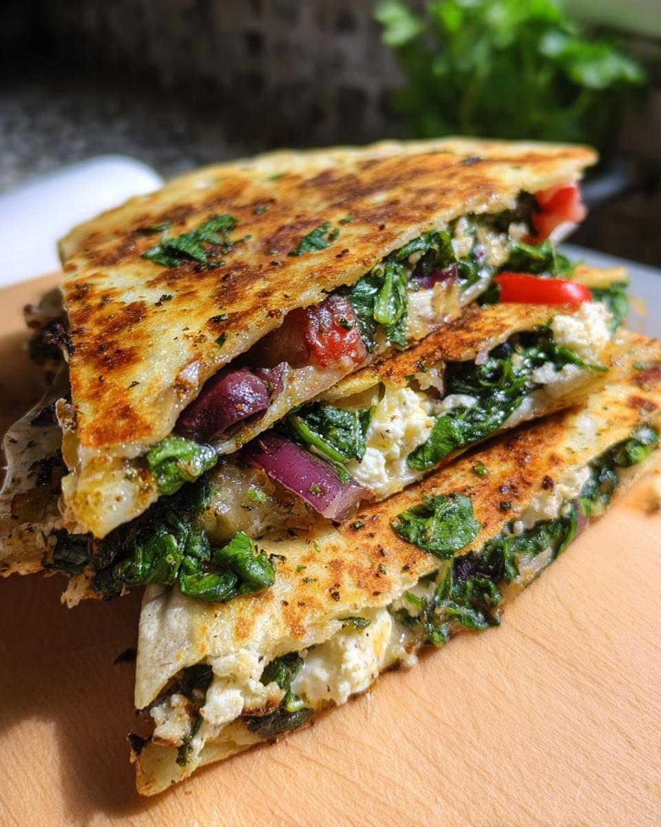 Close-up of stacked Mediterranean Quesadillas filled with spinach, feta cheese, red onion, and mozzarella.