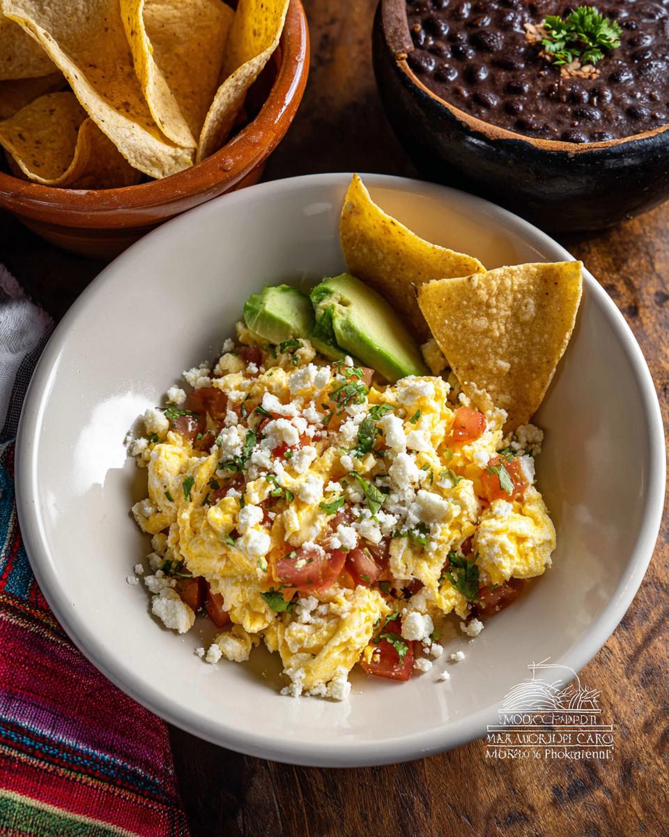 A bowl of scrambled Mexican eggs topped with crumbled cheese, tomatoes, cilantro, and avocado slices, served with tortilla chips.