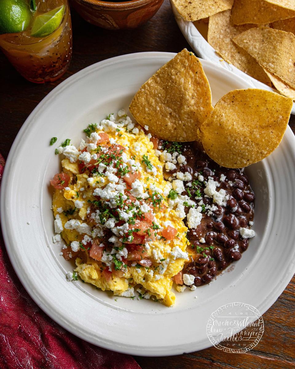 A plate of fluffy Mexican Eggs scrambled with tomatoes and topped with crumbled white cheese and cilantro, served with black beans and tortilla chips.
