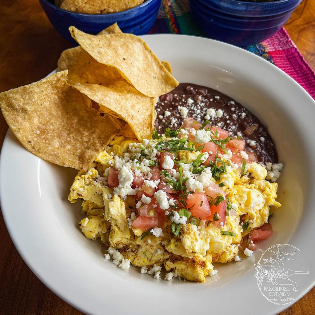 A plate of scrambled Mexican Eggs topped with diced tomatoes, crumbled feta cheese, and cilantro, served with refried beans and tortilla chips.