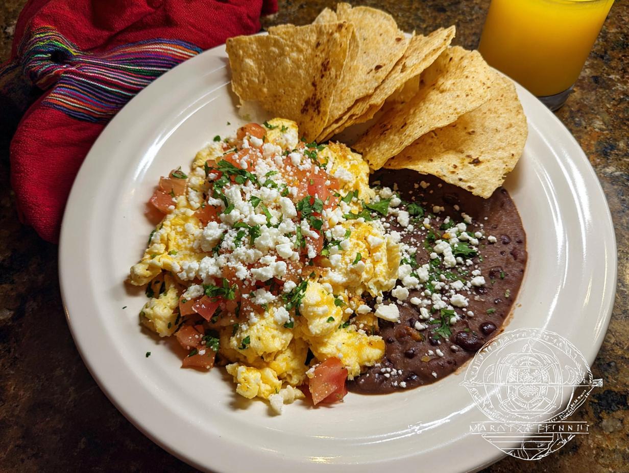 A plate of scrambled Mexican Eggs topped with diced tomatoes and crumbled white cheese, served with refried beans and tortilla chips.