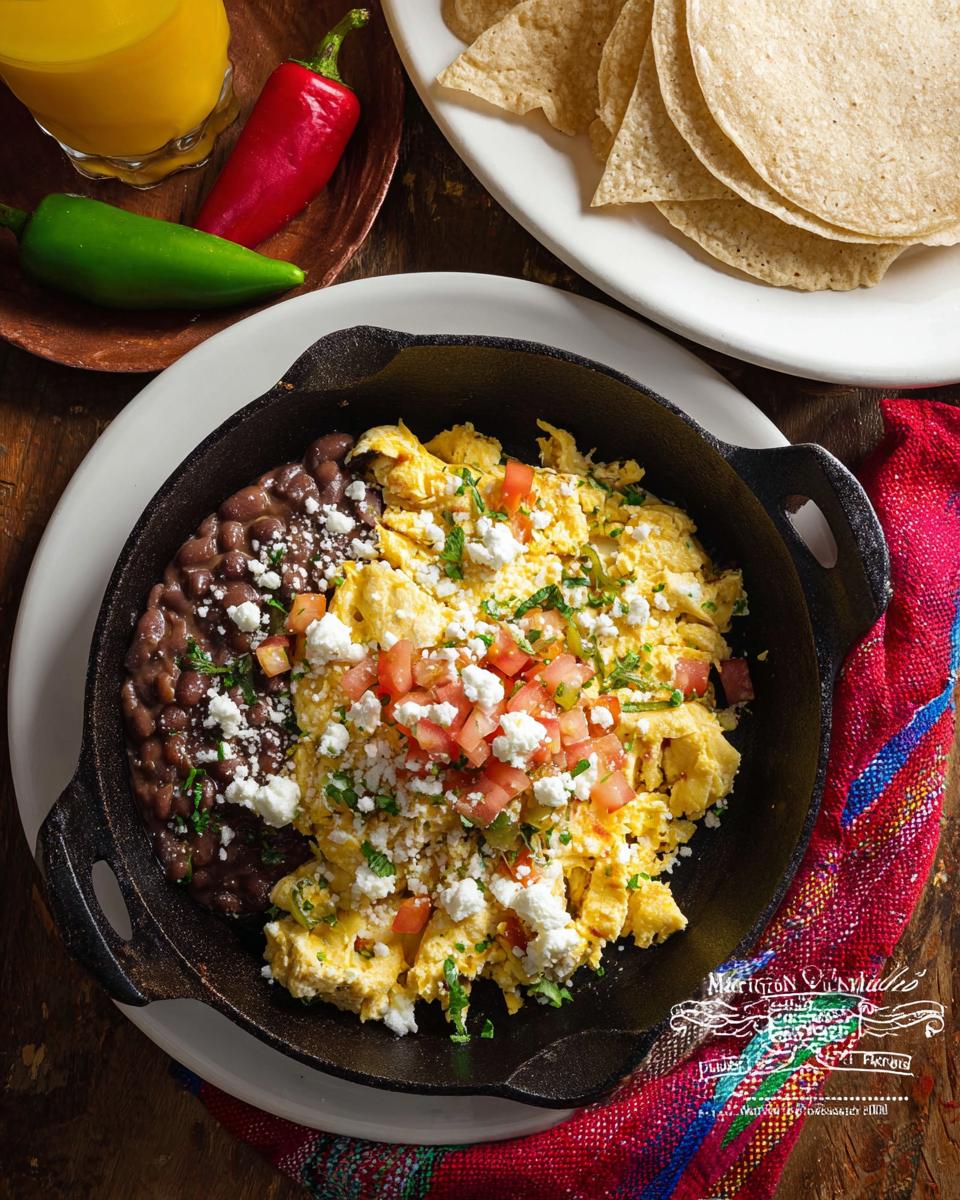 A cast iron skillet filled with fluffy scrambled Mexican eggs, refried beans, crumbled white cheese, and diced tomatoes.
