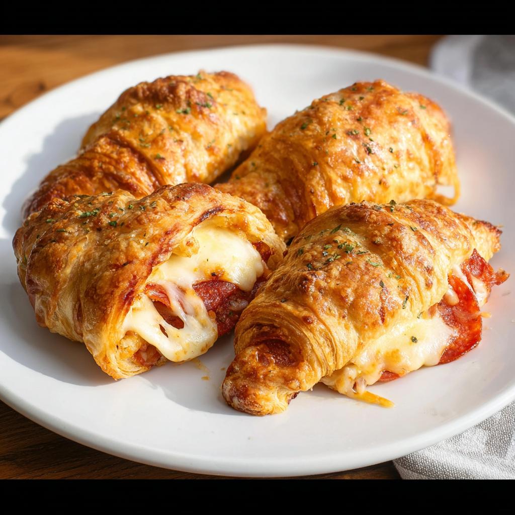 Four golden-brown mozzarella pepperoni croissant rolls on a white plate, with gooey cheese and pepperoni visible.