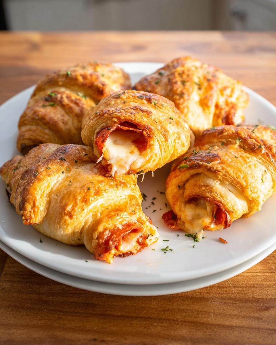 A plate of golden-brown mozzarella pepperoni croissant rolls, with melted cheese oozing out.
