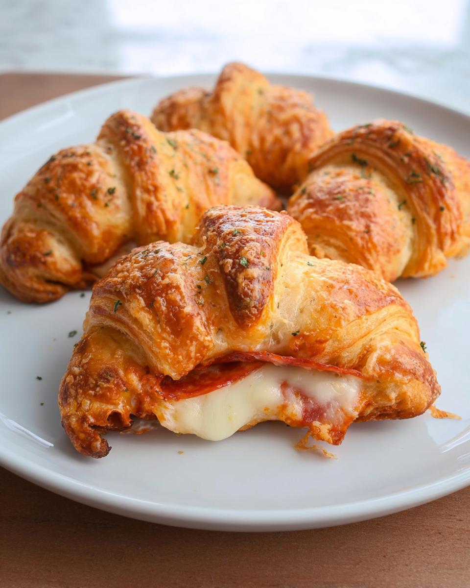 Close-up of delicious mozzarella pepperoni croissant rolls, with melted cheese oozing out.