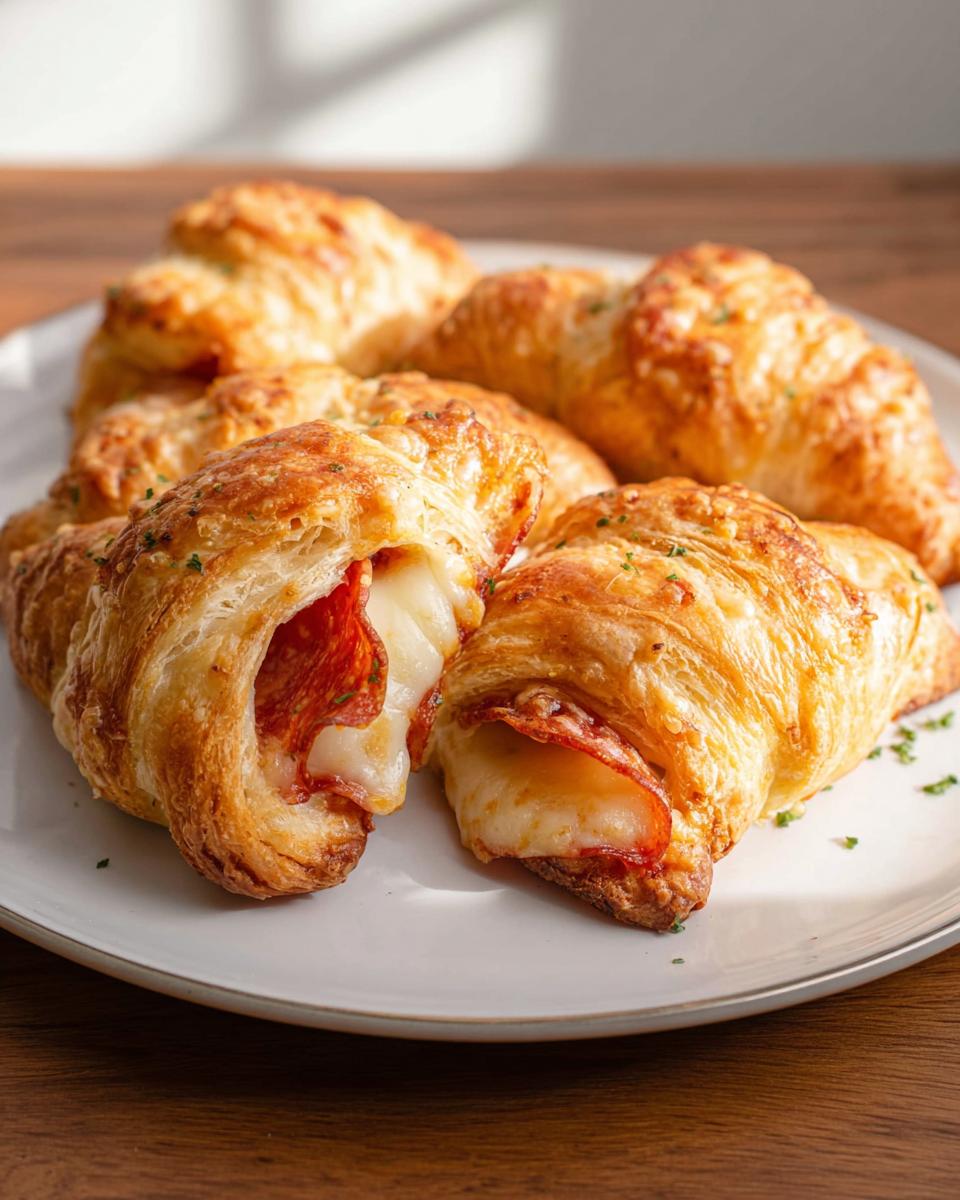 Close-up of golden-brown mozzarella pepperoni croissant rolls, with one cut open to reveal melted cheese and pepperoni.